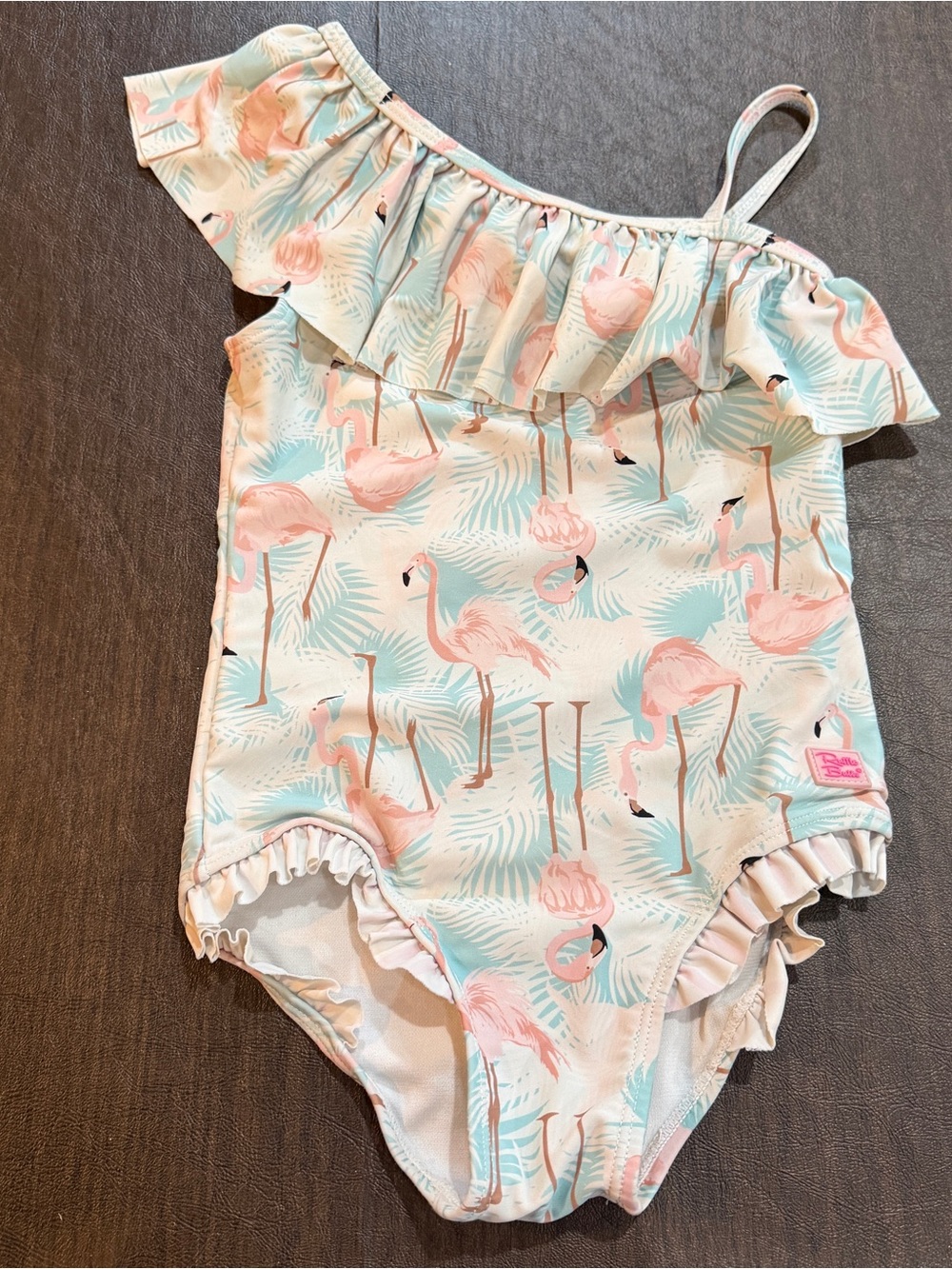 Ruffle Butts Pink Flamingo One-Shoulder Ruffle Swimsuit with Light Blue Palms